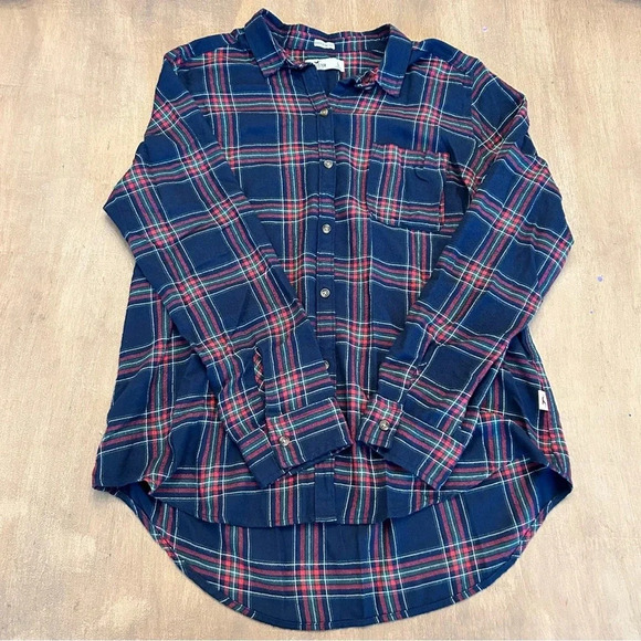 Hollister Boyfriend Fit Blue Red Green Plaid Flannel Button Down Shirt Sz L - Picture 3 of 9